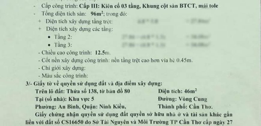 Bán nền góc trục chính – đường số 4 KDC 3A – P. An Bình -Q. Ninh Kiều -TP Cần Thơ – tặng giấy phép xây dựng